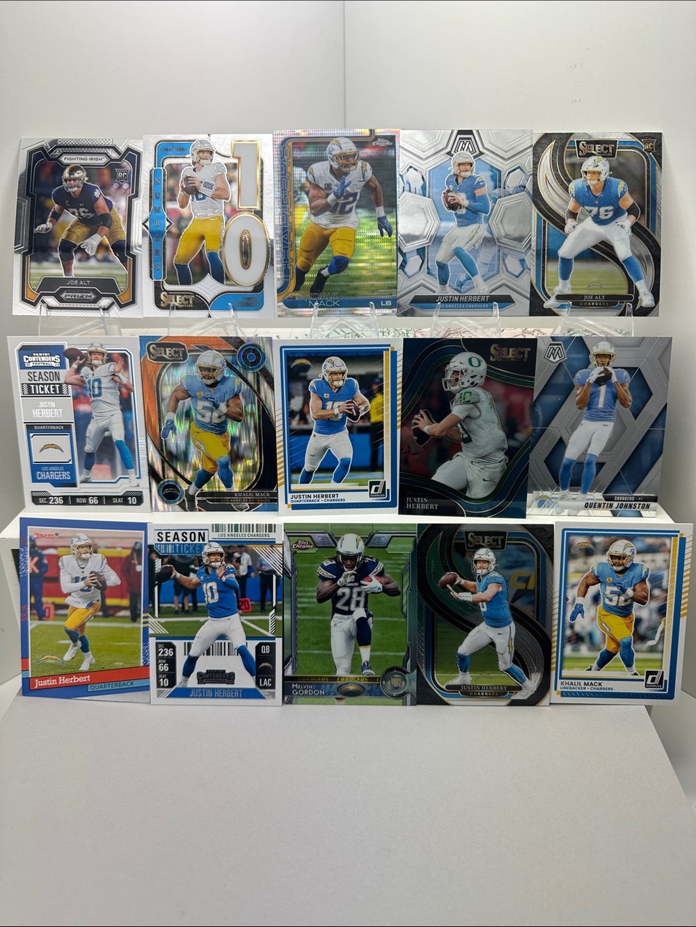 Justin Herbert Chargers lot of 15 w/ Alt/Gordon rookies & Khalil Mack pulsar